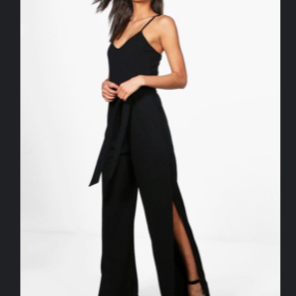 Boohoo black jumpsuit with leg slits
